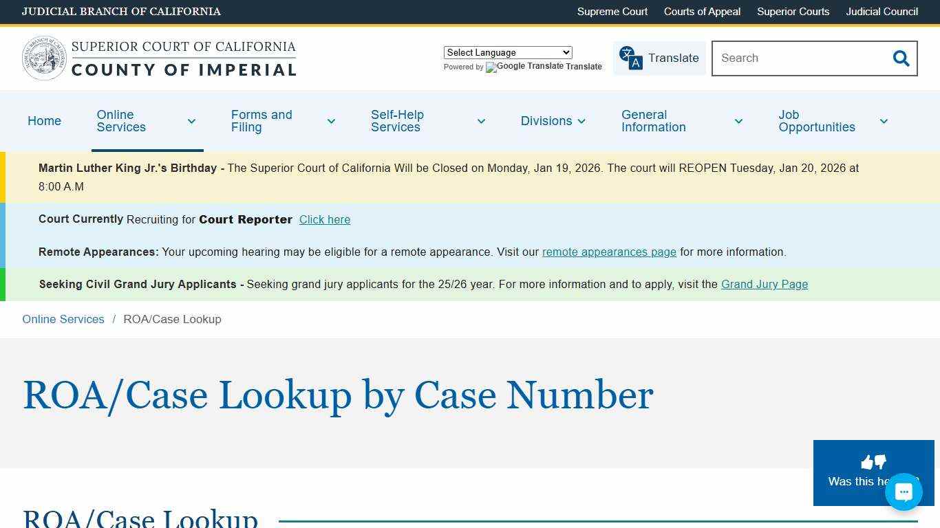 ROA/Case Lookup Superior Court of California County of Imperial