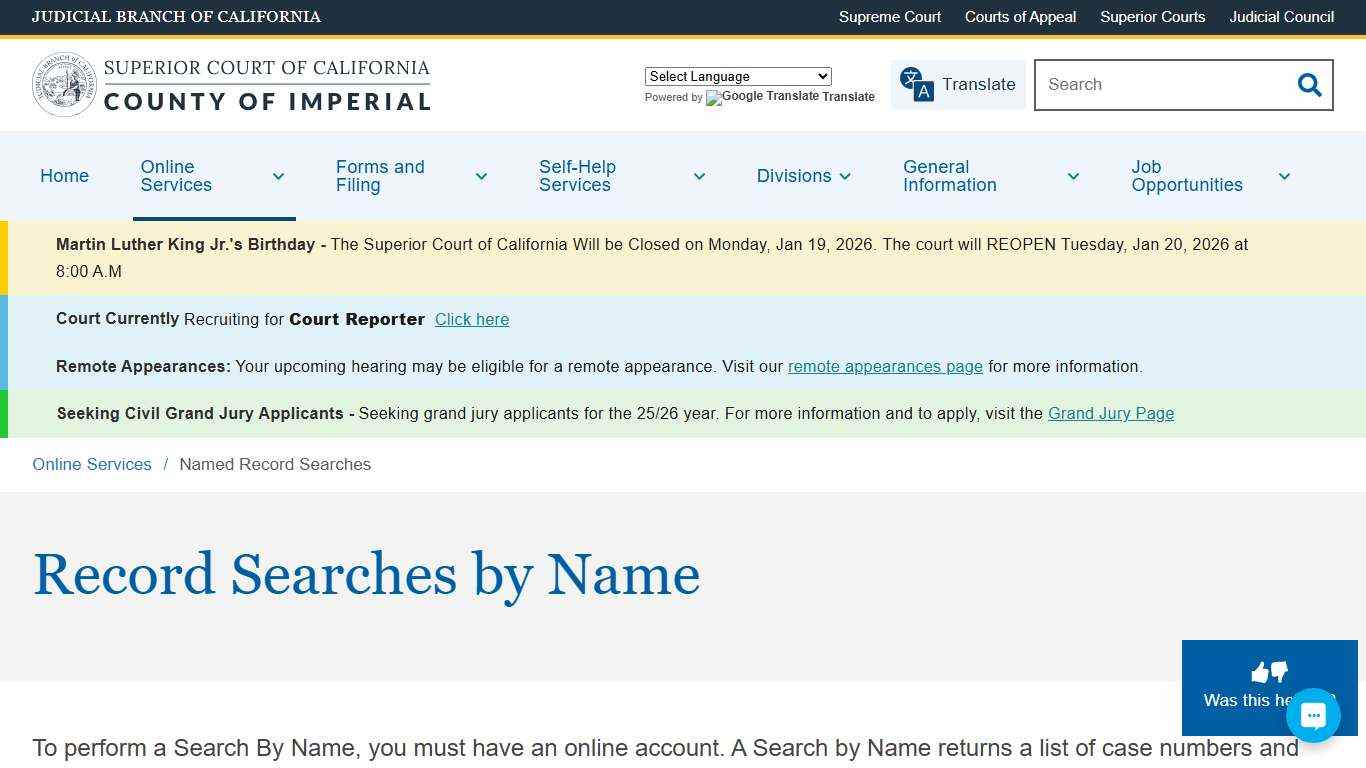 Named Record Searches Superior Court of California County of Imperial